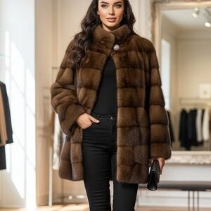 Luxurious Brown Mink Fur Coat Horizontal Layer womens XS